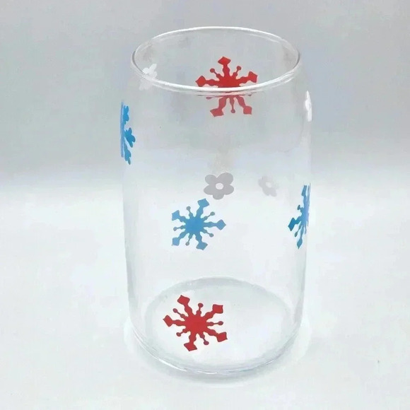 Snowflake Flower Red White Blue 16oz Beer Can Glass Cup NWT - Picture 2 of 2